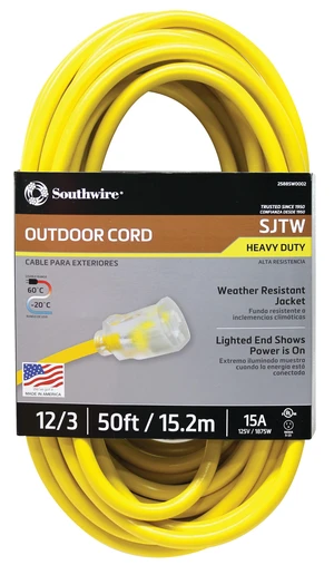 Outdoor Extension Cord Durable Vinyl Jacket for For Farm, Ranch & Workshop - Lighted End With Reinforced Blades - SJTW, Yellow - 12 Gauge, 3 Prong - 50 Feet Outdoor Extension Cord Durable Vinyl Jacket for For Farm, Ranch & Workshop - Lighted End With Reinforced Blades - SJTW, Yellow - 12 Gauge, 3 Prong - 50 Feet