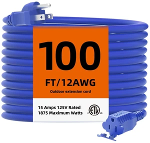 12/3 100 FT Outdoor Extension Cord, 12 Gauge Waterproof Power Cord | Heavy Duty 15A/1875W, ETL Listed 12/3 100 FT Outdoor Extension Cord, 12 Gauge Waterproof Power Cord | Heavy Duty 15A/1875W, ETL Listed