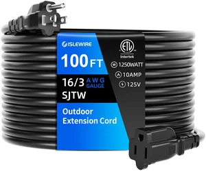 100 FT Outdoor Extension Cord Waterproof, Black, 3-Prong Power Cord, 16 AWG SJTW, 10A 1250W, Grounded, General Purpose Long Extension Cord for Lawn & Garden, ETL Listed 100 FT Outdoor Extension Cord Waterproof, Black, 3-Prong Power Cord, 16 AWG SJTW, 10A 1250W, Grounded, General Purpose Long Extension Cord for Lawn & Garden, ETL Listed