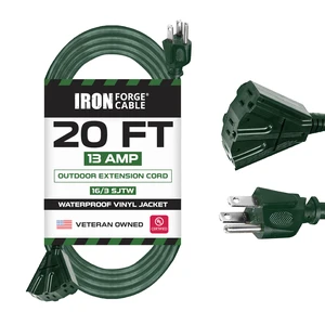 Forge Cable 16 Gauge Green Extension Cord Multi Outlet, 20 Ft - SJTW | 16/3 SJTW Cable, 3 Grounded Outlets, Lighted End, 3 Prong Plug, 13 Amp - For Landscaping, Holiday Lights, Appliances Forge Cable 16 Gauge Green Extension Cord Multi Outlet, 20 Ft - SJTW | 16/3 SJTW Cable, 3 Grounded Outlets, Lighted End, 3 Prong Plug, 13 Amp - For Landscaping, Holiday Lights, Appliances