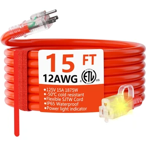 12 Gauge Heavy Duty Outdoor Extension Cord 15FT Waterproof Orange | 15 Foot 12 Gauge Outdoor Extension Cord with Lighted, Heavy Duty Extension Cord Waterproof with Hook, 15A 1875W 125V, ETL 12 Gauge Heavy Duty Outdoor Extension Cord 15FT Waterproof Orange | 15 Foot 12 Gauge Outdoor Extension Cord with Lighted, Heavy Duty Extension Cord Waterproof with Hook, 15A 1875W 125V, ETL