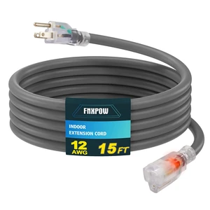 Indoor Outdoor Extension Cord, 12 Gauge 3 Prong Weatherproof Heavy Duty Gray Extension Cord with Lighted Indicator End, SJTW 15A 15FT Extension Cable for Garage, Garden and Home, UL Listed Indoor Outdoor Extension Cord, 12 Gauge 3 Prong Weatherproof Heavy Duty Gray Extension Cord with Lighted Indicator End, SJTW 15A 15FT Extension Cable for Garage, Garden and Home, UL Listed