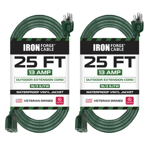 16 Gauge Heavy Duty Green Extension Cord, 25 Ft - SJTW | 16/3 SJTW Cable, 2 Pack, 3 Prong Grounded Plug, 13 Amp - For Landscaping, Leaf Blowers, Lights, Appliances 16 Gauge Heavy Duty Green Extension Cord, 25 Ft - SJTW | 16/3 SJTW Cable, 2 Pack, 3 Prong Grounded Plug, 13 Amp - For Landscaping, Leaf Blowers, Lights, Appliances