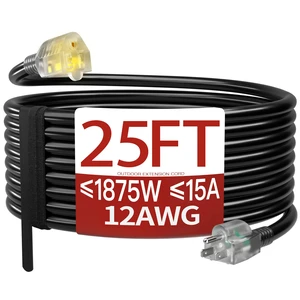 25 FT 12 Gauge Extension Cord Outdoor, Black Power Cord | Heavy Duty Extension Cord 25 Ft, Extension Cords with Lighted end, Flame Retardant, 15 Amps 1875 Watts 125 VAC, ETL Listed 25 FT 12 Gauge Extension Cord Outdoor, Black Power Cord | Heavy Duty Extension Cord 25 Ft, Extension Cords with Lighted end, Flame Retardant, 15 Amps 1875 Watts 125 VAC, ETL Listed