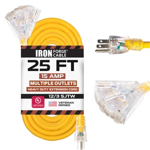 25 Foot Lighted Outdoor Extension Cord with 3 Electrical Power Outlets - 12/3 SJTW Heavy Duty Yellow Extension Cable with 3 Prong Grounded Plug for Safety, 15 AMP 25 Foot Lighted Outdoor Extension Cord with 3 Electrical Power Outlets - 12/3 SJTW Heavy Duty Yellow Extension Cable with 3 Prong Grounded Plug for Safety, 15 AMP