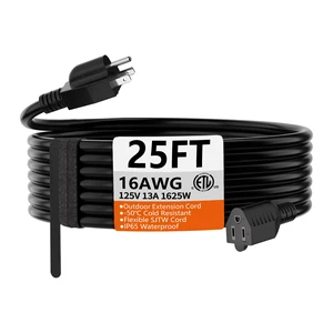 Black Extension Cord 25 FT, 16 Gauge, Outdoor Electric Cable | 3 Prong Extension Cord 25 Foot Black, Appliance Extension Cord Waterproof with Strap, 16AWG 13A 1625W SJTW, ETL Listed Black Extension Cord 25 FT, 16 Gauge, Outdoor Electric Cable | 3 Prong Extension Cord 25 Foot Black, Appliance Extension Cord Waterproof with Strap, 16AWG 13A 1625W SJTW, ETL Listed