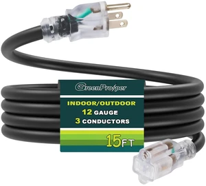 15 FT Black Extension Cord with Lighted End, 12 AWG 3 Prong Indoor Outdoor Heavy Duty Waterproof Power Cable for Major Appliance, 12/3 SJTW UL Listed 15 FT Black Extension Cord with Lighted End, 12 AWG 3 Prong Indoor Outdoor Heavy Duty Waterproof Power Cable for Major Appliance, 12/3 SJTW UL Listed