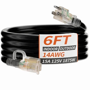 14/3 Gauge 6 FT Extension Cord Outdoor, Heavy Duty Extension Cord | Black Extension Cord Waterproof with Lighted Indicator, Short Extension Cord 6 Ft with Hook, 15A 1875W SJTW, ETL Listed 14/3 Gauge 6 FT Extension Cord Outdoor, Heavy Duty Extension Cord | Black Extension Cord Waterproof with Lighted Indicator, Short Extension Cord 6 Ft with Hook, 15A 1875W SJTW, ETL Listed