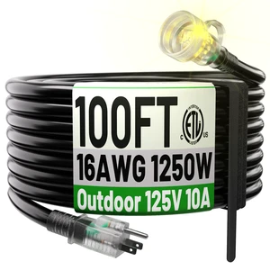 100 FT 16/3 Waterproof Extension Cord Outdoor, Black Electric Cable | 3 Prong Flexible Cold-Resistant Long Power Cord Outside, 10Amp 1250W SJTW ETL Listed 100 FT 16/3 Waterproof Extension Cord Outdoor, Black Electric Cable | 3 Prong Flexible Cold-Resistant Long Power Cord Outside, 10Amp 1250W SJTW ETL Listed