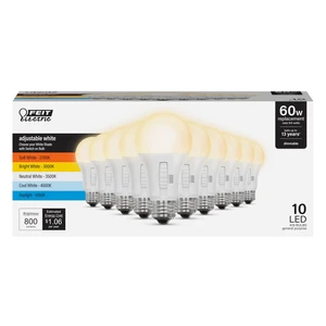 A19 LED Light Bulb, 60W EQ, 5CCT 6Way, 800 Lumens, 10-Pack | Adjustable White (2700K-5000K), Dimmable, E26 Base, 90+ CRI, 15,000-Hour Lifetime, Damp Rated, General Purpose Light Bulbs A19 LED Light Bulb, 60W EQ, 5CCT 6Way, 800 Lumens, 10-Pack | Adjustable White (2700K-5000K), Dimmable, E26 Base, 90+ CRI, 15,000-Hour Lifetime, Damp Rated, General Purpose Light Bulbs