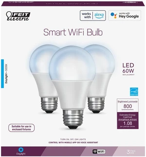 A19 LED Smart LED Light Bulb, 60W Eq, Daylight White, 3 Pack | Dimmable, 800 Lumens, 2.4GHz Wi-Fi, App/Voice Control, Works with Alexa/Google Asst, Ideal for Porch, Living Room or Kitchen A19 LED Smart LED Light Bulb, 60W Eq, Daylight White, 3 Pack | Dimmable, 800 Lumens, 2.4GHz Wi-Fi, App/Voice Control, Works with Alexa/Google Asst, Ideal for Porch, Living Room or Kitchen