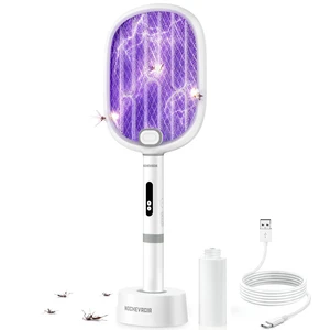 Electric Fly Swatter, 3800V Powerful Bug Zapper with 2 Modes Purple Attractant Light, USB Rechargeable Mosquito Racket for Indoor & Outdoor Pest Killer, White Electric Fly Swatter, 3800V Powerful Bug Zapper with 2 Modes Purple Attractant Light, USB Rechargeable Mosquito Racket for Indoor & Outdoor Pest Killer, White