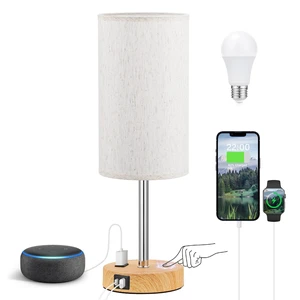 17.4" Bedside Lamp for Bedroom - Dimmable Touch, USB A+C, AC Outlet | 3-Way Dimmable, LED Bulb Included, Fabric Lampshade, Wood-Grain Metal Base, 17.4" Table Lamp for Nightstand, Living Room 17.4" Bedside Lamp for Bedroom - Dimmable Touch, USB A+C, AC Outlet | 3-Way Dimmable, LED Bulb Included, Fabric Lampshade, Wood-Grain Metal Base, 17.4" Table Lamp for Nightstand, Living Room