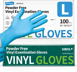 SUPMEDIC Vinyl Disposable Exam Gloves, Latex & Powder-Free, Blue, 100 (L) SUPMEDIC Vinyl Disposable Exam Gloves, Latex & Powder-Free, Blue, 100 (L)