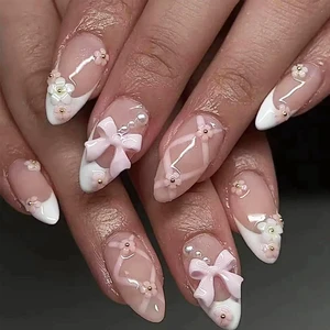 Medium Almond French Press on Nails with 3D Flower Pink Bow Design, Glossy White French Tip Acrylic False Nails, Valentine Cute Glue on Nails for Women, 24Pcs Medium Almond French Press on Nails with 3D Flower Pink Bow Design, Glossy White French Tip Acrylic False Nails, Valentine Cute Glue on Nails for Women, 24Pcs