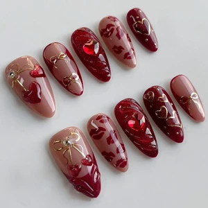 24pcs red Press on Nails Medium Almond Fake Nails with Luxury Glitter Love Heart Gems Design Fashion Retro Red Almond False Nails Ins Simple Red Festive Holiday Nail Manicure for Women Acrylic Nail 24pcs red Press on Nails Medium Almond Fake Nails with Luxury Glitter Love Heart Gems Design Fashion Retro Red Almond False Nails Ins Simple Red Festive Holiday Nail Manicure for Women Acrylic Nail