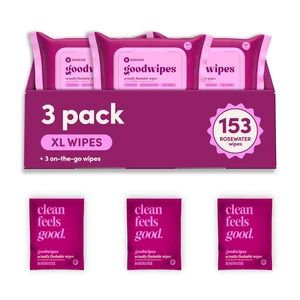 goodwipes Flushable Wipes - Rosewater, 153 Wipes (3 Pack + 3 Singles) goodwipes Flushable Wipes - Rosewater, 153 Wipes (3 Pack + 3 Singles)