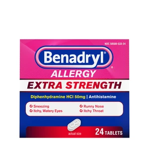 Benadryl Extra Strength Allergy Tablets, 50 mg Diphenhydramine HCl, 24 Ct Benadryl Extra Strength Allergy Tablets, 50 mg Diphenhydramine HCl, 24 Ct