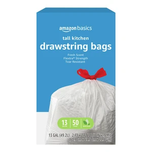 Amazon Basics Flextra Strength Tall Kitchen Drawstring Trash Bags, Fresh Scent, Tear Resistant, 13 Gallon, 50 Count Amazon Basics Flextra Strength Tall Kitchen Drawstring Trash Bags, Fresh Scent, Tear Resistant, 13 Gallon, 50 Count