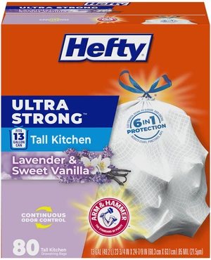 Hefty Ultra Strong 13 Gal Kitchen Trash Bags, White, Lavender Vanilla, 80ct Hefty Ultra Strong 13 Gal Kitchen Trash Bags, White, Lavender Vanilla, 80ct