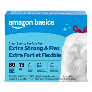 Amazon Basics Ultra-Force Tall Kitchen Drawstring Trash Bags, Classic Clean Scented, 13 Gallon, 80 Count, Pack of 1, Packaging May Vary Amazon Basics Ultra-Force Tall Kitchen Drawstring Trash Bags, Classic Clean Scented, 13 Gallon, 80 Count, Pack of 1, Packaging May Vary