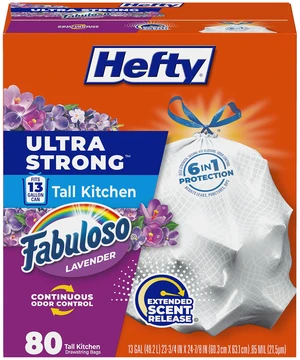 Hefty Ultra Strong 13 Gal Kitchen Trash Bags, Fabuloso Lavender, 80ct Hefty Ultra Strong 13 Gal Kitchen Trash Bags, Fabuloso Lavender, 80ct
