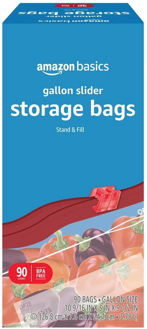 Amazon Basics Slider Gallon Food Storage Bags, BPA Free, Stand-Up Bottom, Easy to Fill, 90 Count Amazon Basics Slider Gallon Food Storage Bags, BPA Free, Stand-Up Bottom, Easy to Fill, 90 Count