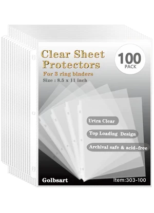 Golbsart Sheet Protectors 8.5 x 11, Page Protectors for 3 Ring Binder 100ct Golbsart Sheet Protectors 8.5 x 11, Page Protectors for 3 Ring Binder 100ct
