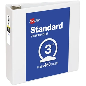 Avery Standard View 3 Ring Binder, 3" Round Rings, 460-Sheet Capacity, 3.5 Inch Wide Spine, 1 White Binder, Ideal for Lightweight Organization and Occasional Referencing (05741) Avery Standard View 3 Ring Binder, 3" Round Rings, 460-Sheet Capacity, 3.5 Inch Wide Spine, 1 White Binder, Ideal for Lightweight Organization and Occasional Referencing (05741)