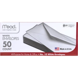 Mead #10 Envelopes, Letter Size, 4-1/8" x 9-1/2", Gummed Closure, White All-Purpose for Home & Office Mail, 50 Count (75050) Mead #10 Envelopes, Letter Size, 4-1/8" x 9-1/2", Gummed Closure, White All-Purpose for Home & Office Mail, 50 Count (75050)