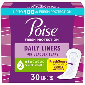 Poise Daily Liners, Incontinence Panty Liners for Bladder Leaks, 2 Drop Very Light Absorbency, Regular Length, 30 Count of Pantiliners, Packaging May Vary Poise Daily Liners, Incontinence Panty Liners for Bladder Leaks, 2 Drop Very Light Absorbency, Regular Length, 30 Count of Pantiliners, Packaging May Vary