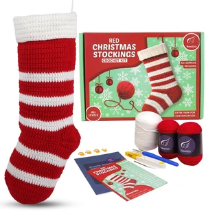 Needzo Red Christmas Stocking Crochet Kit, DIY Amigurumi Craft Knitting Starter Set, Step-by-Step Video Tutorials and Printed Instructions, Extra Yarn for Name Needzo Red Christmas Stocking Crochet Kit, DIY Amigurumi Craft Knitting Starter Set, Step-by-Step Video Tutorials and Printed Instructions, Extra Yarn for Name