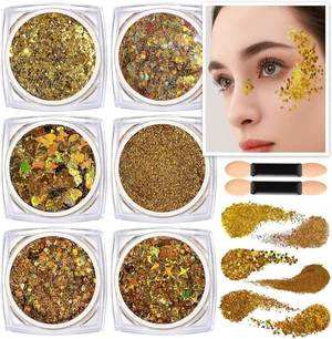 Teenitor Face Glitter Body Glitter, Gold Body Glitter Gel, Hair Glitter Gel, 6 Shapes Rave Glitter, Festival Makeup Glitters Gel, Chunky Sparkling Glitter Gel for Face, Body, Hair Teenitor Face Glitter Body Glitter, Gold Body Glitter Gel, Hair Glitter Gel, 6 Shapes Rave Glitter, Festival Makeup Glitters Gel, Chunky Sparkling Glitter Gel for Face, Body, Hair