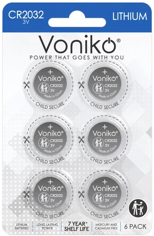 Voniko CR2032 3V Lithium Batteries 6 Pack for Child Safety, Compatible with AirTag, Key Fobs, Thermometers, Scales 7 Years Shelf Life Voniko CR2032 3V Lithium Batteries 6 Pack for Child Safety, Compatible with AirTag, Key Fobs, Thermometers, Scales 7 Years Shelf Life