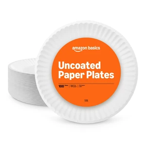 Amazon Basics 9" Uncoated White Paper Plates, Microwave Safe, 100 Count Amazon Basics 9" Uncoated White Paper Plates, Microwave Safe, 100 Count