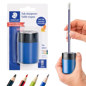 STAEDTLER Pencil Sharpener (1 Pack) with Screw Lid and Tub - No Spill Compact Design for Standard and Colored Pencils, Metal Blade, Assorted Colors STAEDTLER Pencil Sharpener (1 Pack) with Screw Lid and Tub - No Spill Compact Design for Standard and Colored Pencils, Metal Blade, Assorted Colors