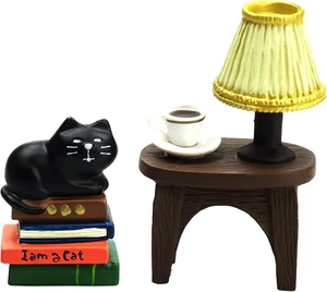 RAQWI Black Cat on Books Figurine with Lamp Table, Resin Desk Decor RAQWI Black Cat on Books Figurine with Lamp Table, Resin Desk Decor