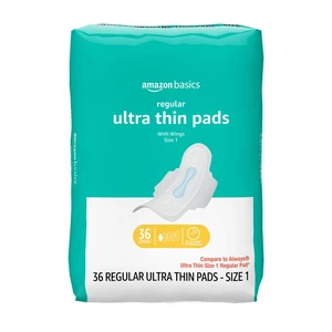 Amazon Basics Regular Absorbency Feminine Pads for Women, Ultra Thin with Flexi-Wings, Unscented, Size 1, 8-Hour Protection, Leak Prevention, 36 Count Amazon Basics Regular Absorbency Feminine Pads for Women, Ultra Thin with Flexi-Wings, Unscented, Size 1, 8-Hour Protection, Leak Prevention, 36 Count