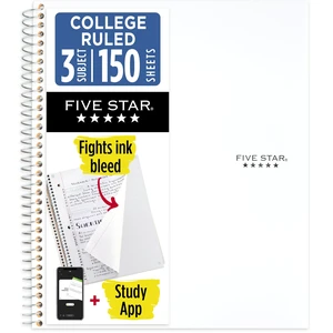 Five Star Spiral Notebook + Study App, 3 Subject, College Ruled Paper, 8-1/2" x 11", 150 Sheets, Fights Ink Bleed, Water Resistant Cover, White (72464) Five Star Spiral Notebook + Study App, 3 Subject, College Ruled Paper, 8-1/2" x 11", 150 Sheets, Fights Ink Bleed, Water Resistant Cover, White (72464)