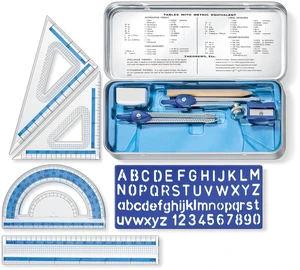STAEDTLER 10-Piece Math Set with Metal Compass, 6" Ruler & Triangle Squares, 45° & 30/60° Set Squares, Alphabet Stencil - Measuring Tools STAEDTLER 10-Piece Math Set with Metal Compass, 6" Ruler & Triangle Squares, 45° & 30/60° Set Squares, Alphabet Stencil - Measuring Tools