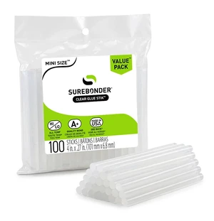 Surebonder Clear, All Purpose, All Temp., Mini Size Hot Glue Sticks 0.27 in. Diameter, 4 in. Length -100 Pack Surebonder Clear, All Purpose, All Temp., Mini Size Hot Glue Sticks 0.27 in. Diameter, 4 in. Length -100 Pack