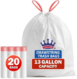 WINNER Trash Bags 13 Gallon, 20 Count Drawstring Tall Kitchen Garbage Bags, Unscented White Recycling Bags, Trash Can Wastebasket Bin Liners House Essentials for Bathroom Apartment Home and Kitchen WINNER Trash Bags 13 Gallon, 20 Count Drawstring Tall Kitchen Garbage Bags, Unscented White Recycling Bags, Trash Can Wastebasket Bin Liners House Essentials for Bathroom Apartment Home and Kitchen