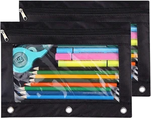 Pencil Pouch 3 Ring, Zipper Pencil Pouches Case Binder Cosmetic Bag Black 2 Pack Pencil Pouch 3 Ring, Zipper Pencil Pouches Case Binder Cosmetic Bag Black 2 Pack