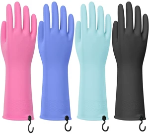 4 Pairs Rubber Dishwashing Gloves with Hanging Hooks - Reusable Cleaning Gloves for Kitchen & Household, Non-Slip, Durable and Flexible (Medium, 4 Colors: Black, Pink, Blue, Purple) 4 Pairs Rubber Dishwashing Gloves with Hanging Hooks - Reusable Cleaning Gloves for Kitchen & Household, Non-Slip, Durable and Flexible (Medium, 4 Colors: Black, Pink, Blue, Purple)