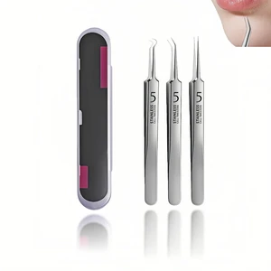 Stainless Steel Blackhead Remover Tweezers Set, 3-Piece Pimple Extractor Tool Kit with Straight, Angled and Curved Tips, Storage Case Stainless Steel Blackhead Remover Tweezers Set, 3-Piece Pimple Extractor Tool Kit with Straight, Angled and Curved Tips, Storage Case