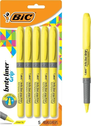 BIC Brite Liner Grip Highlighters, Chisel Tip, 5-Count Pack, Yellow BIC Brite Liner Grip Highlighters, Chisel Tip, 5-Count Pack, Yellow