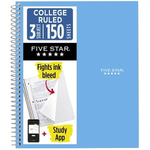 Five Star 820003NH0 Spiral Notebook, 3 Subject, College Ruled, 8.5" x 11", 150 Sheets, Blue (Color May Vary) + Study App Five Star 820003NH0 Spiral Notebook, 3 Subject, College Ruled, 8.5" x 11", 150 Sheets, Blue (Color May Vary) + Study App