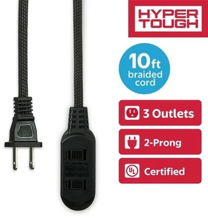Hyper Tough Indoor Extension Cord 10 ft with 3 Outlets, 2 Prong, Braided Cord, Black Hyper Tough Indoor Extension Cord 10 ft with 3 Outlets, 2 Prong, Braided Cord, Black