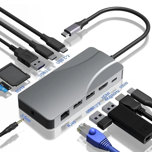 USB C Hub 11 in 1 to Video Output Adapter 4K 60Hz, Portable Docking Stations with PD 100W Recharge, SD/TF Card Reader, 1Gbps Ethernet USB C Hub 11 in 1 to Video Output Adapter 4K 60Hz, Portable Docking Stations with PD 100W Recharge, SD/TF Card Reader, 1Gbps Ethernet