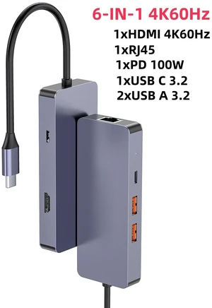 6 IN 1 USB C HUB Type C to Video Output 4K60Hz USB A and USB C 3.2 Port 10Gbps RJ45 PD 100W Adapter for Type-C Laptop 6 IN 1 USB C HUB Type C to Video Output 4K60Hz USB A and USB C 3.2 Port 10Gbps RJ45 PD 100W Adapter for Type-C Laptop